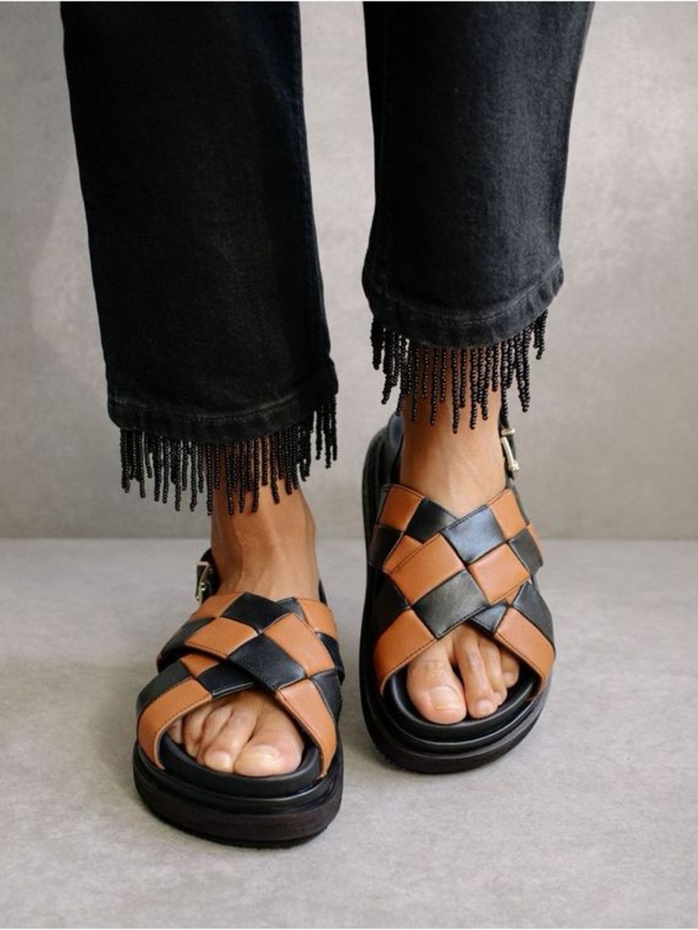 ALOHAS Black and Tan Woven Platform Sandals